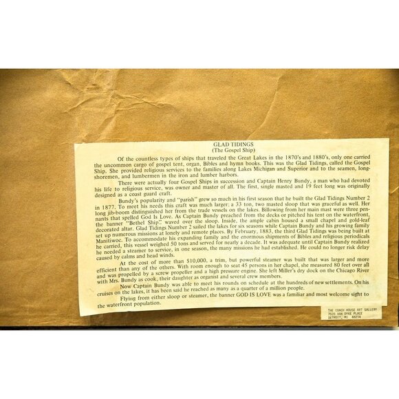 Vtg “GLAD TIDINGS” Ship (The Gospel Ship) Great Lakes Artist J. Clary 59/750 - Picture 3 of 3